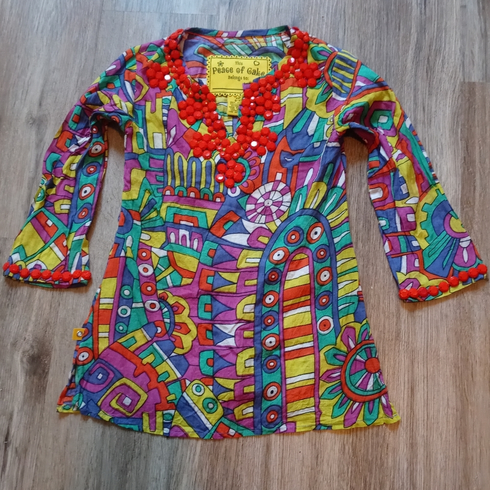 Girl's Colorful Peace of Cake Vintage-Style Tunic Top, W/Beaded Neckline/Sleeves